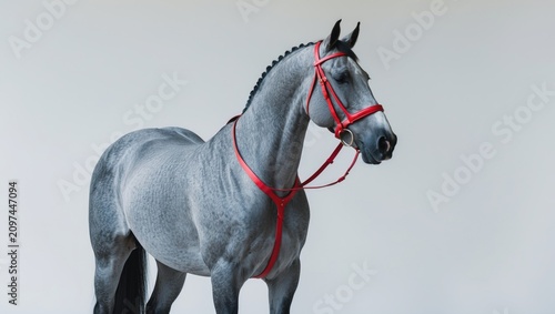 The gray horse trotter breed standing isolated on a white background from a side view.
