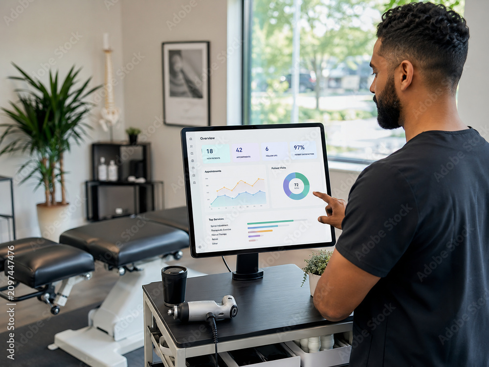 Chiropractor analyzing patient data on digital screen in clinic