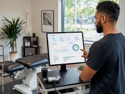 Chiropractor analyzing patient data on digital screen in clinic