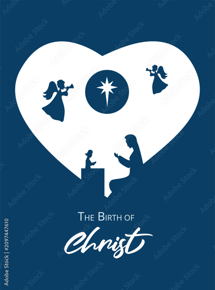 Fototapeta premium Nativity scene with the Star of Bethlehem and Jesus Mary angels. Concept of the Birth of Jesus Christ.