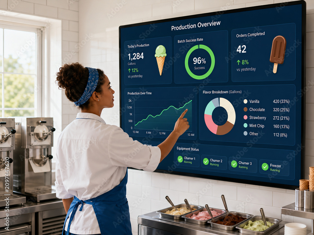 Ice cream factory worker monitoring production dashboard