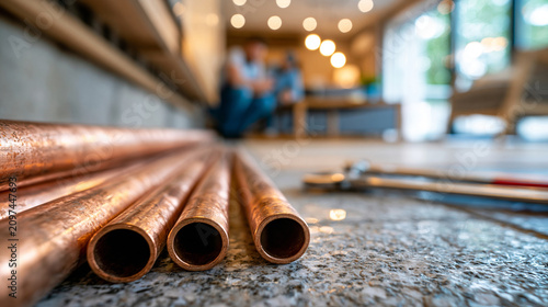 Copper tubing from a residential heating system arranged along an interior wall, documentary-style maintenance scene with believable home interior details and practical service workflow,