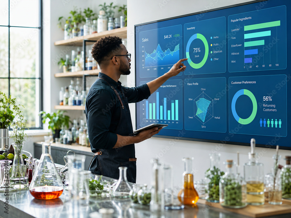 Professional mixologist analyzing data analytics on a digital screen in a bar