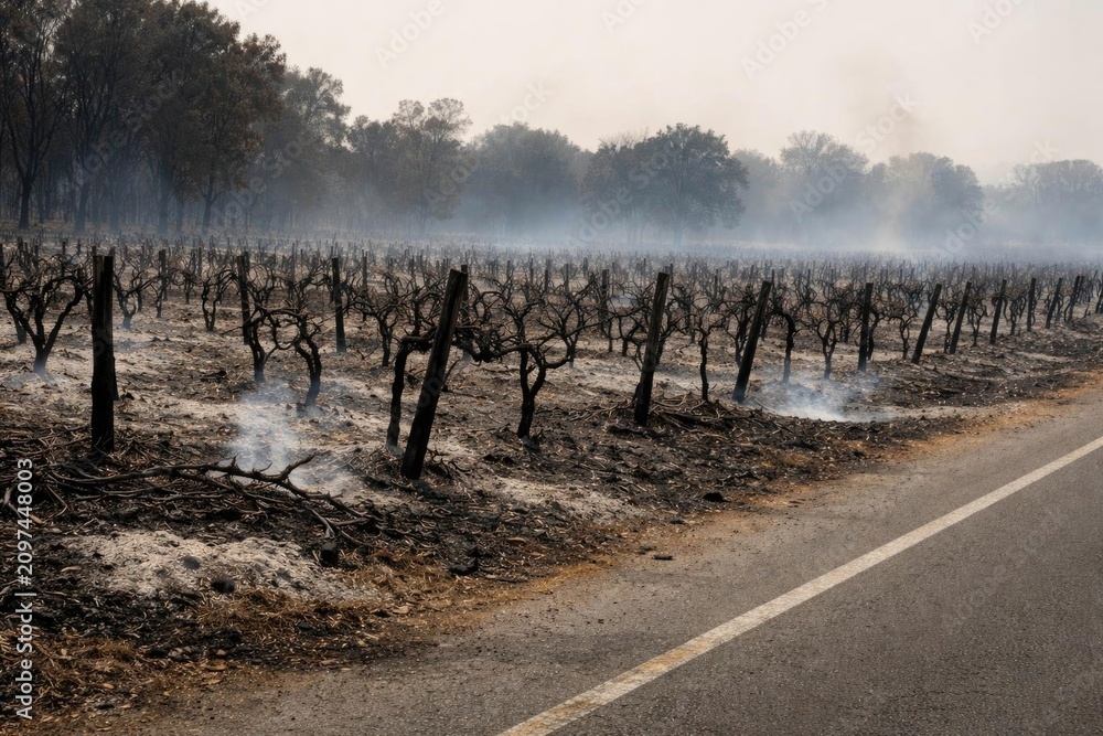 Obraz premium Burnt Vineyard Landscape After Wildfire with Smoke and Ashes