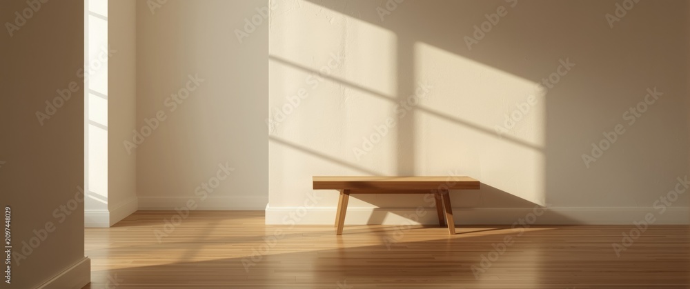 Fototapeta premium Minimal Wooden Bench in Sunlit Room - Warm Light, Soft Shadows, Calm Ambiance