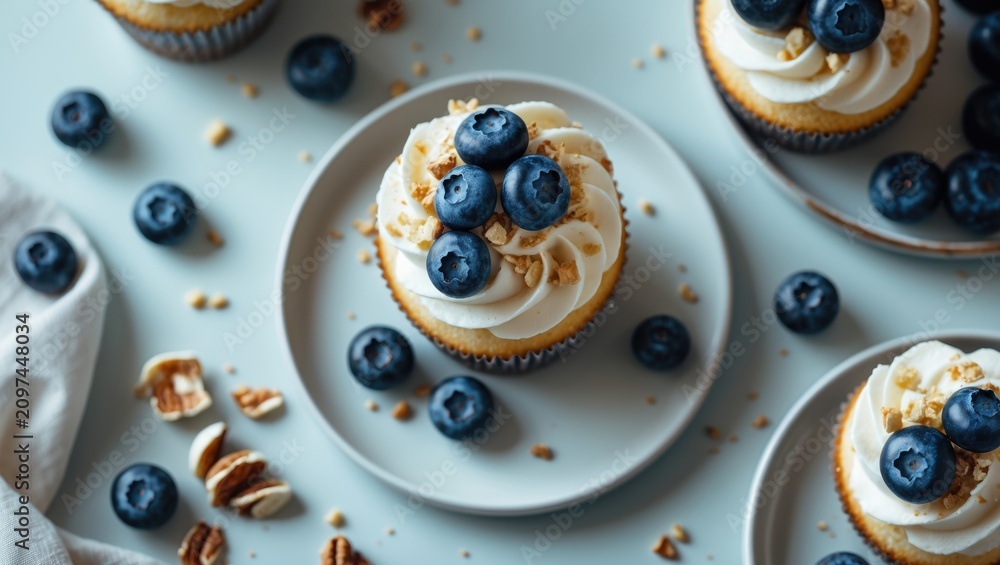 Fototapeta premium Top view of Dessert with blueberry, showcasing aesthetic vibes background and a cozy home table setting.