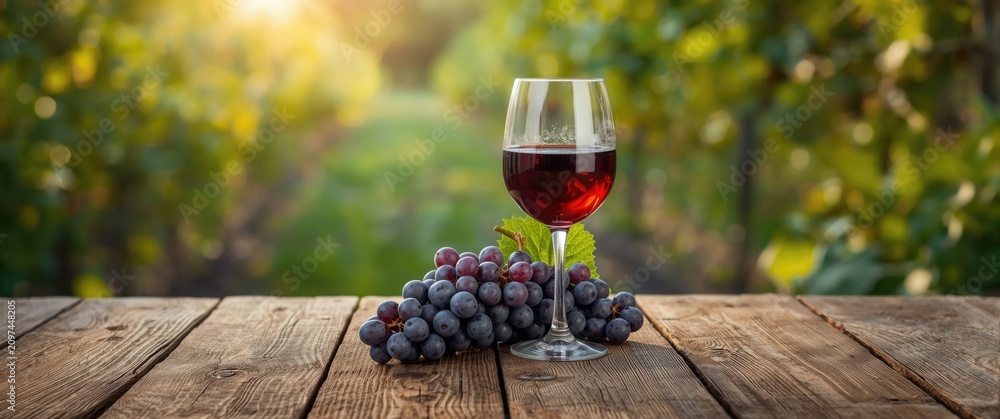 Obraz premium Red Wine Glass with Grapes on Wooden Table in Vineyard at Sunset