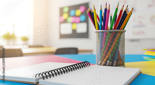 Colorful pencils in a metal mesh holder with an open notebook on a desk in a bright classroom setting for educational and creative projects