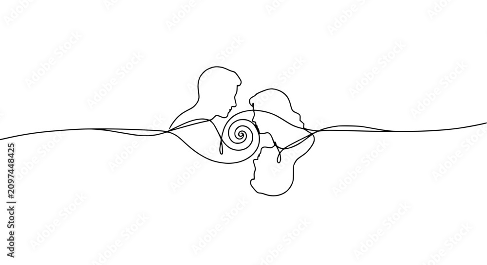 Obraz premium Continuous Line Art Couple Silhouette Embracing with Swirl Heart Detail