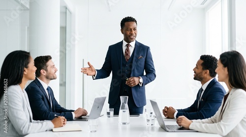 Business Meeting in a Modern Office: A dynamic male leader addresses a diverse group of colleagues in a bright, contemporary office setting, fostering collaboration and discussion.