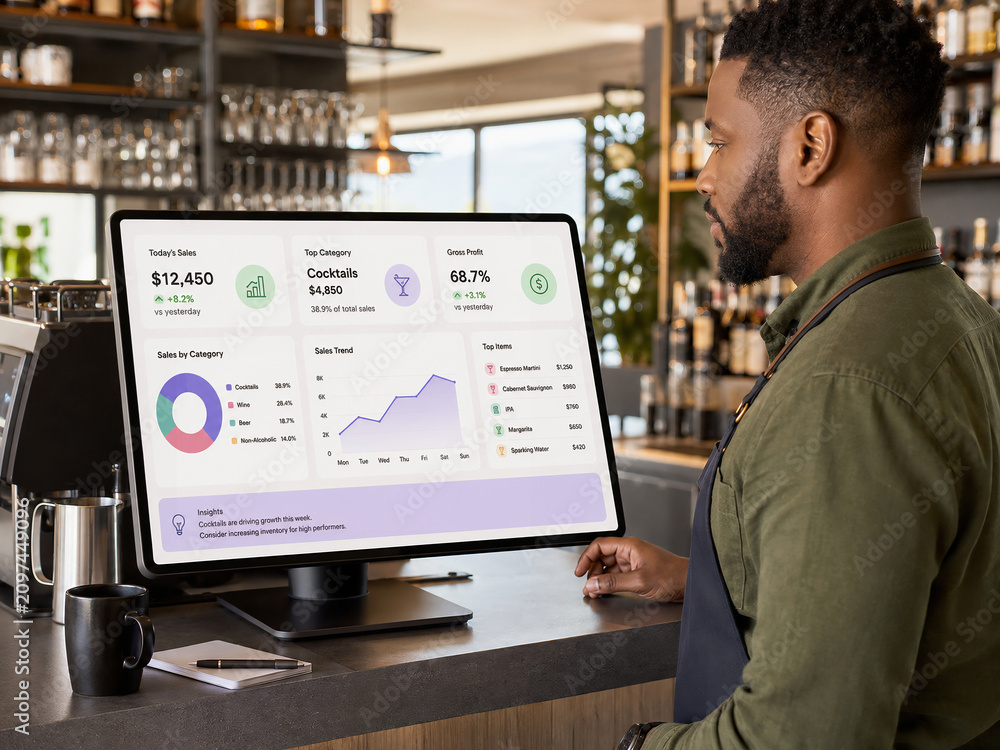 Bartender analyzing bar sales dashboard on computer in restaurant