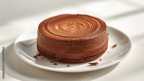 Chocolate Cake on a White Plate with Shavings in Soft Natural Light