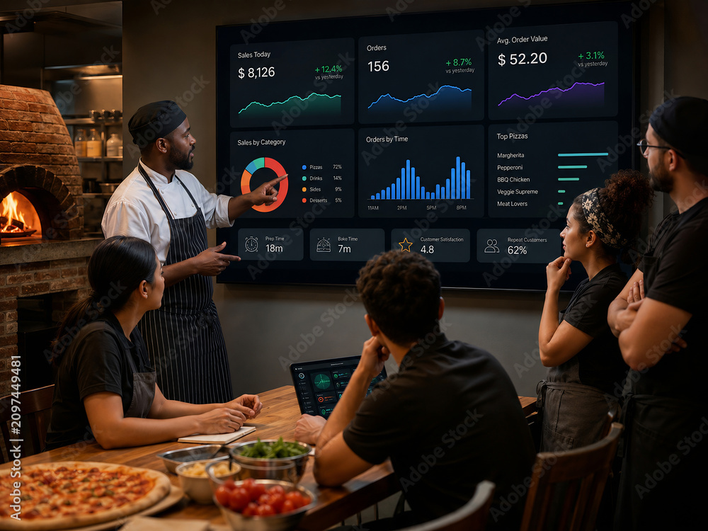 Restaurant staff reviewing pizza sales analytics on a digital display