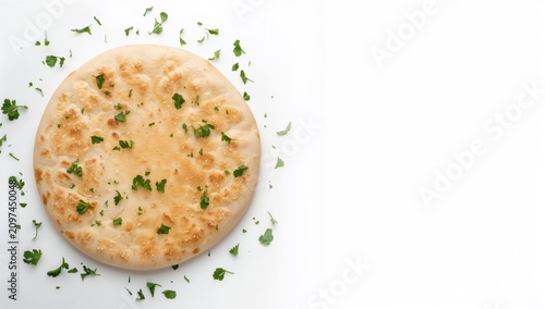 Freshly Baked Flatbread Topped with Chopped Herbs on White Background