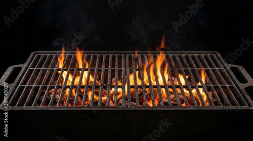 Empty portable charcoal barbecue grill glowing with blazing flames and hot embers, outdoor cooking concept