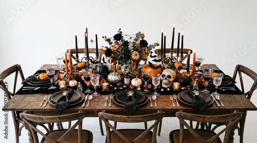 Spooky Halloween Table Setting: A long wooden table is elaborately set for a Halloween feast, adorned with pumpkins, skulls, candles, and dark floral arrangements.