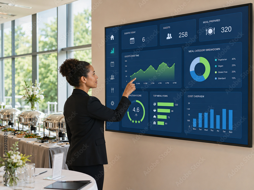 Professional event planner using a digital dashboard to manage catering services