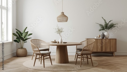 Modern dining room with woo...