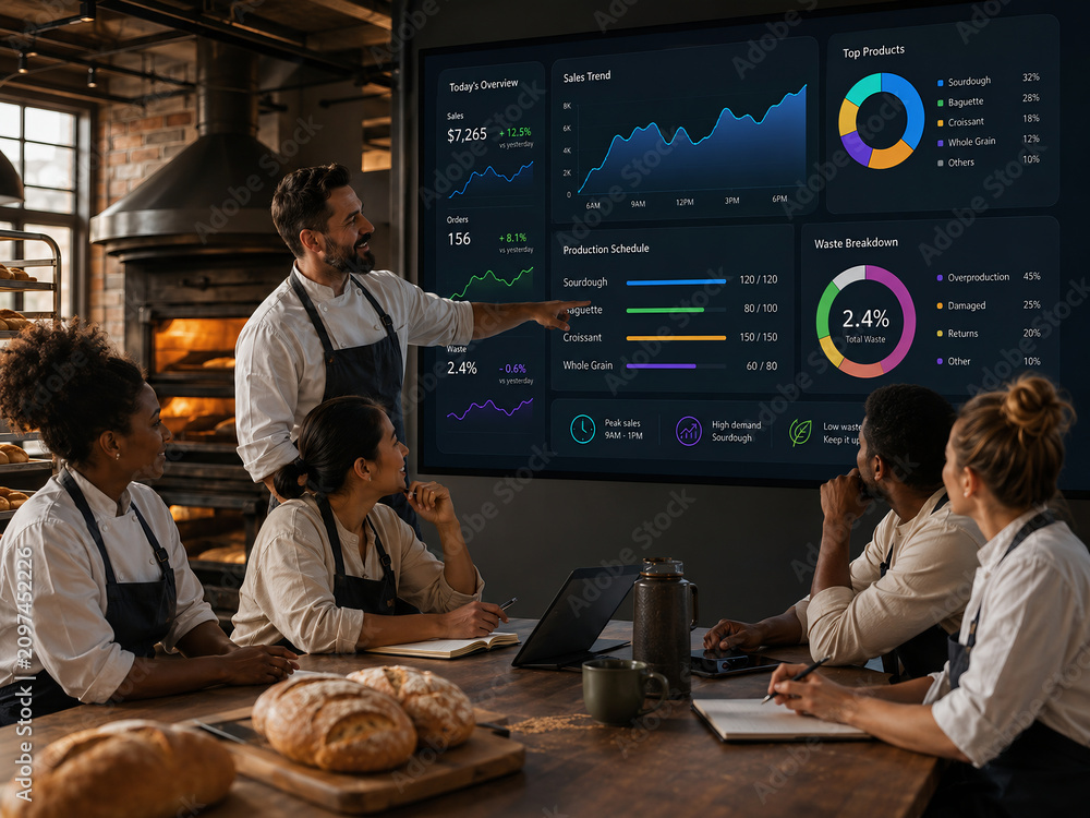 Bakery team analyzing production and sales data on a digital display