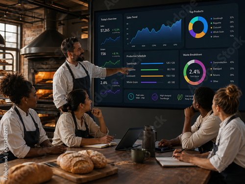 Bakery team analyzing production and sales data on a digital display