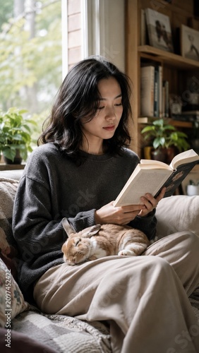 Young woman reading a book while her pet rabbit sleeps on her lap in a cozy living room, representing home relaxation and animal companionship.