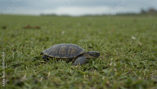 Turtle Crawling on Green Gr...