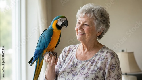 Smiling senior woman interacts with a blue and yellow macaw parrot perched on her hand in a bright living room, representing companionship and exotic pet ownership.