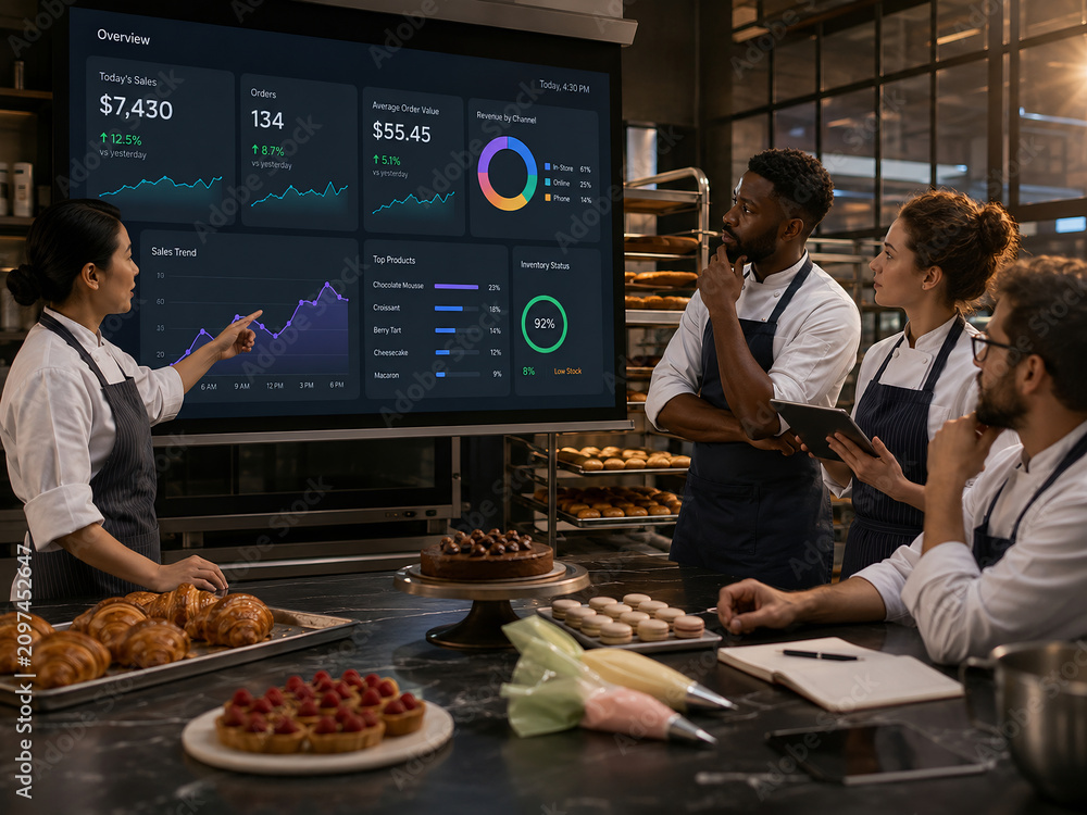 Bakery team analyzing sales data on a digital screen
