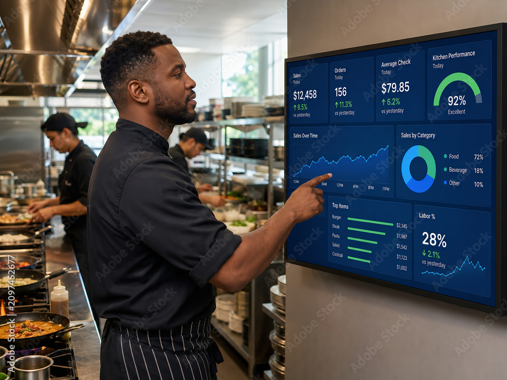 Chef monitoring restaurant kitchen performance dashboard on digital screen