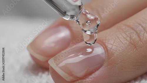 Macro shot of a glass dropper applying clear cuticle oil to a manicured fingernail. Glistening droplet falling onto a clean nail bed. Beauty and nail care routine