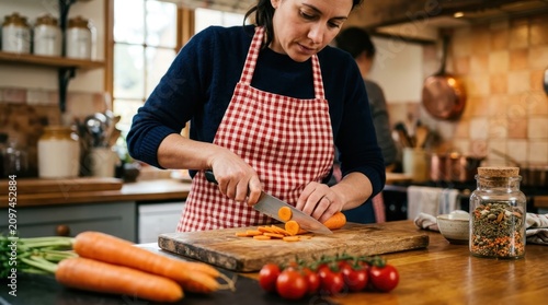 Woman wearing a red checkered apron slicing fresh carrots on a wooden cutting board in a rustic kitchen