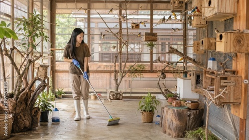 Woman sweeps indoor bird sanctuary. Peaceful scene showing habitat maintenance. Useful for pet care and conservation articles.
