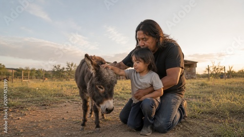 Man and child pet a donkey in a rural field at sunset. Warm family bonding scene. Ideal for agricultural or cultural storytelling.