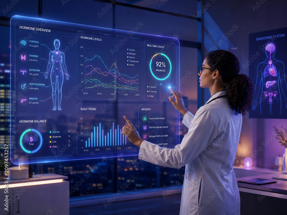 Doctor analyzing digital endocrine system and hormone level dashboard