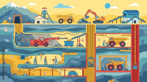 Colorful Underground Mining Cross Section Infographic with Trucks and Workers