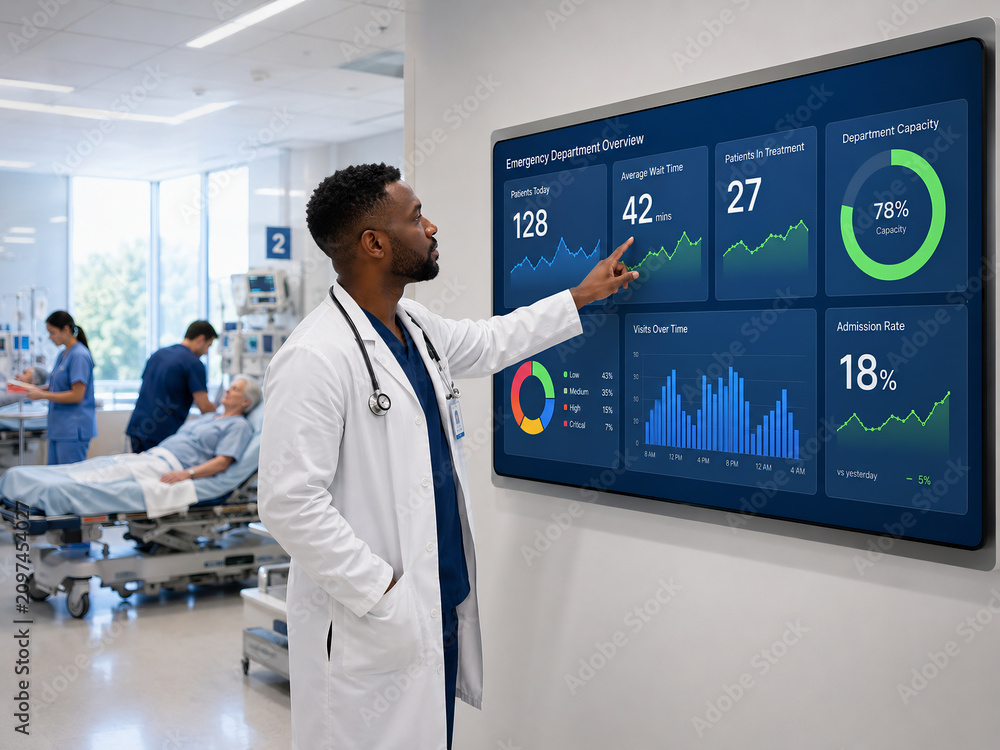 Doctor analyzing emergency department patient data on a digital wall monitor in hospital