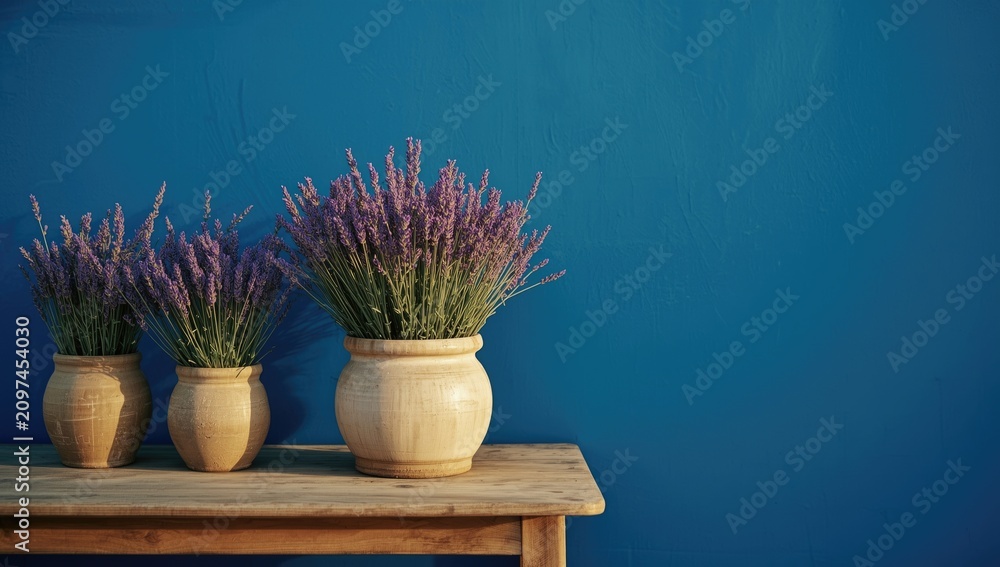 Fototapeta premium Purple lavender in ceramic pots displayed on wooden table with bold blue wall creating colorful outdoor setting