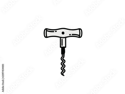 Minimalist black and white line art illustration of a classic manual T-handle corkscrew wine bottle opener