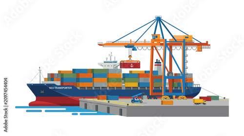 Photos Container Ship Loading at Industrial Port Terminal with Crane and Cargo