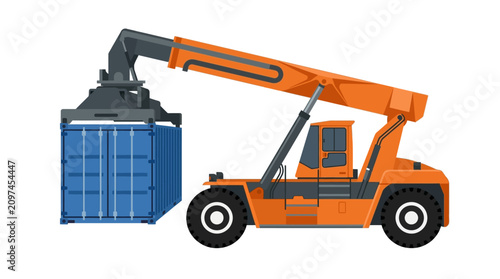 Tableau sur toile Container handler lifting blue shipping container in port, logistics and transpo