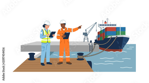 Photos Dock workers supervising cargo ship loading and unloading at port