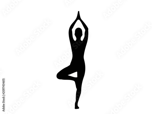 Silhouette of a person practicing yoga tree pose isolated on white background for health and wellness