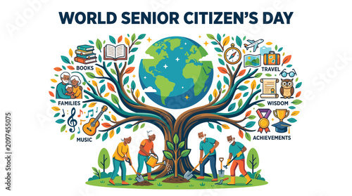 Colorful vector illustration depicting active elderly people planting trees to celebrate world senior citizen day event