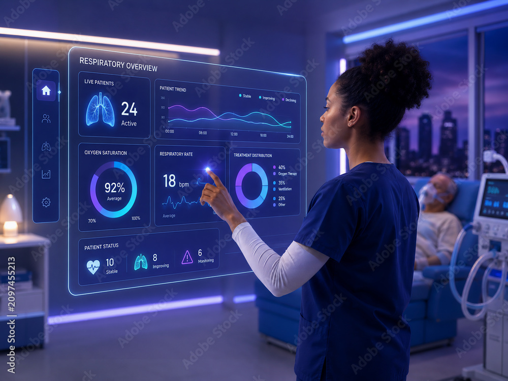 Nurse interacting with a digital respiratory health monitoring dashboard in a hospital room