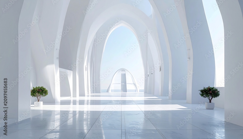 Fototapeta premium Futuristic White Hallway with Arches and Natural Light.