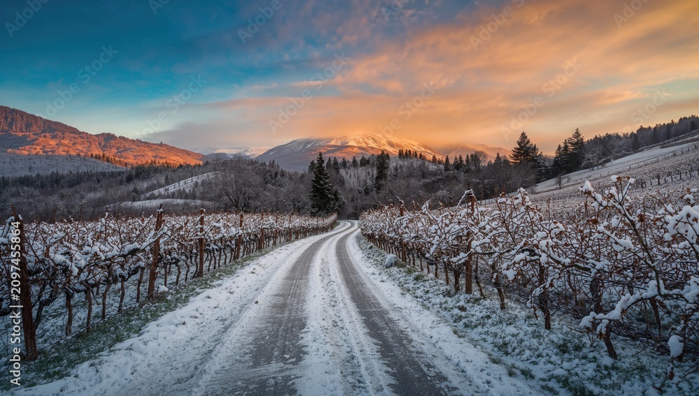 Obraz premium Winter Vineyard Pathway Between Snow-Covered Grapevines with Mountain Sunset Glow