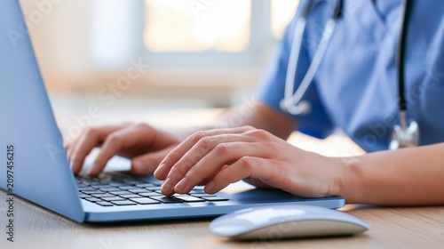 Unrecognizable female doctor in blue uniform using laptop in medical office, close up.