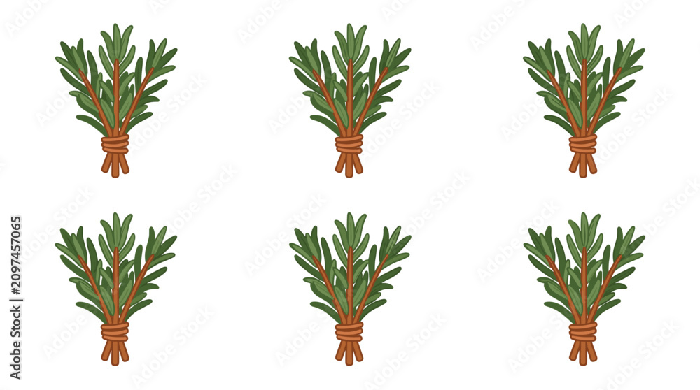 Fototapeta premium Bundle of six green rosemary sprigs, tied with brown twine, isolated on a white background, natural herbs, cooking ingredients, garnish