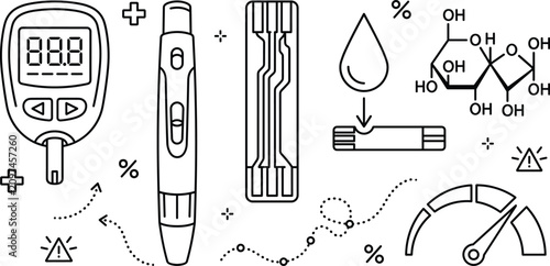 Tableau sur toile Diabetes blood glucose monitoring vector line icon set with glucometer test stri