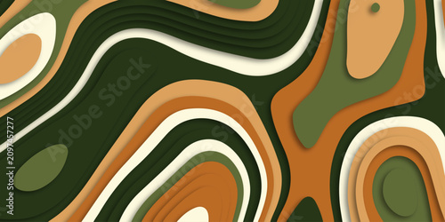 Canvastavla Abstract paper cut background with 3d layer wave shapes, modern carving layered paper cut art in green, beige and brown earth tone, minimalist concept illustration for web banner cover background